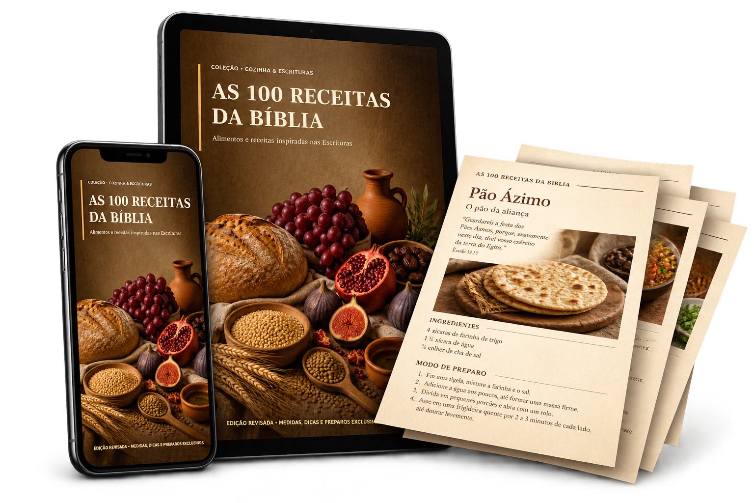 E-book As 100 Receitas da Bíblia em tablet e celular com páginas de receitas