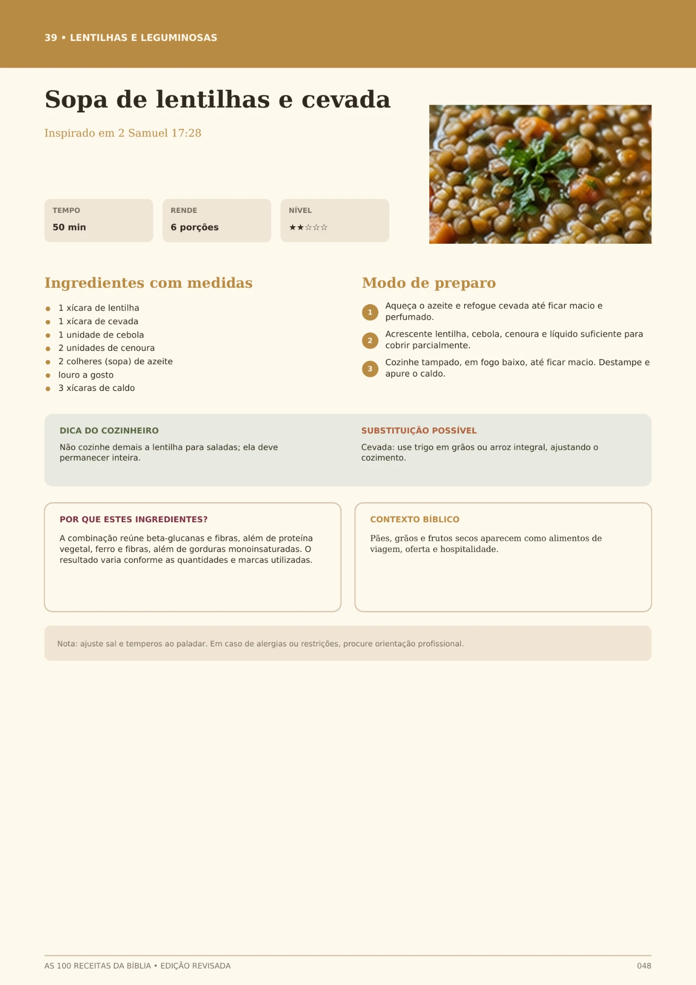 Página do e-book com a receita Sopa de lentilhas e cevada