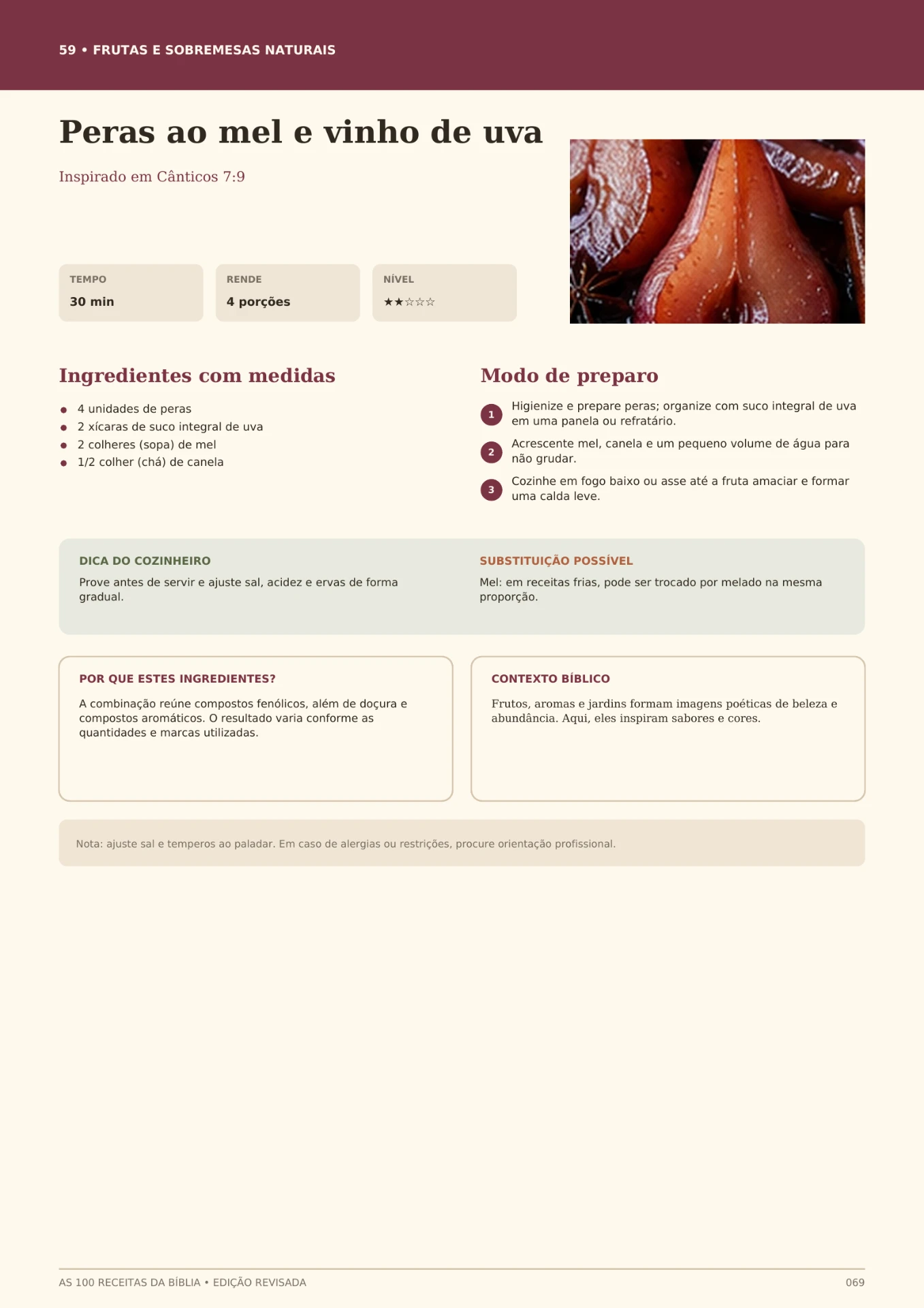 Página do e-book com a receita Peras ao mel e vinho de uva