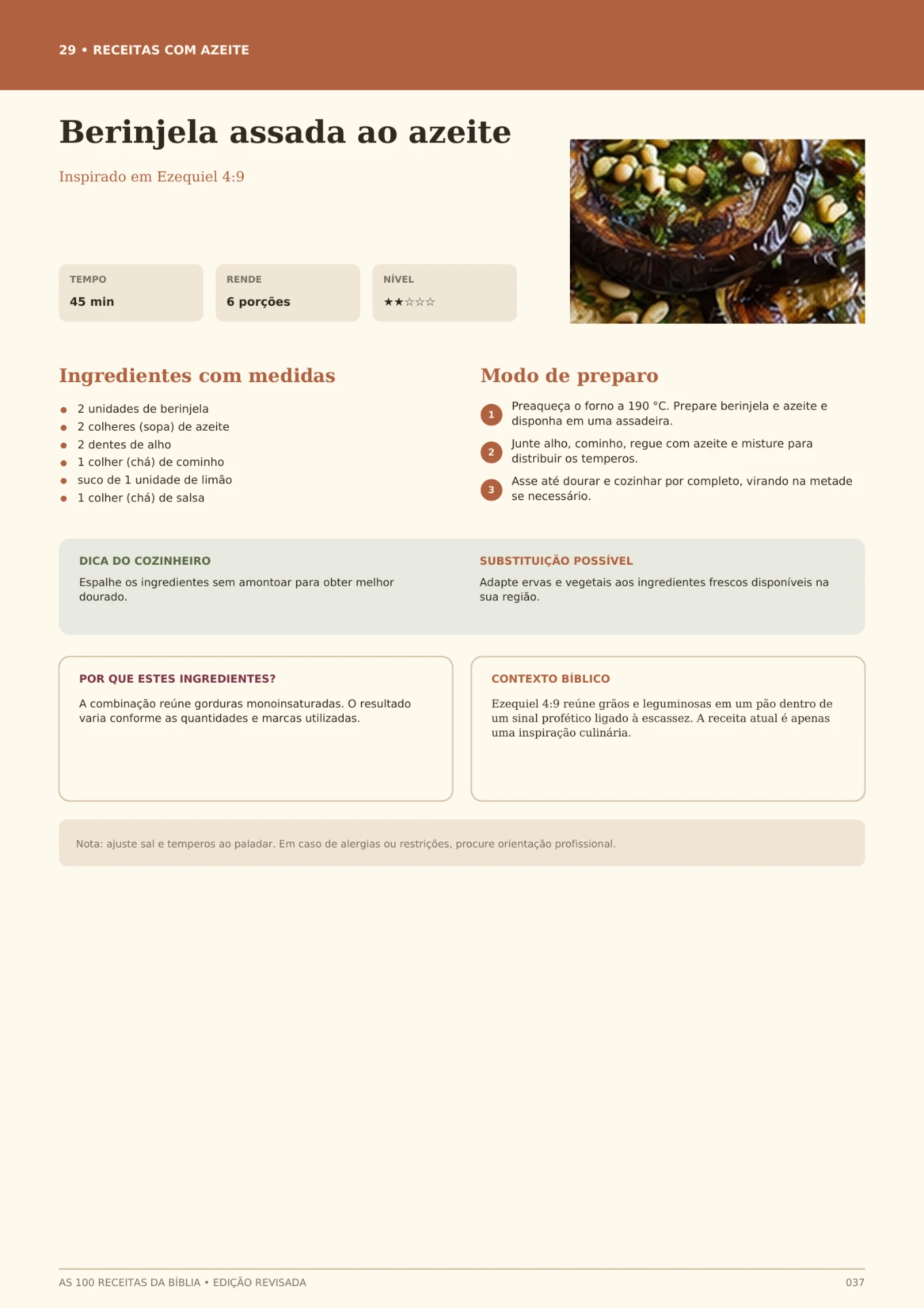 Página do e-book com a receita Berinjela assada ao azeite
